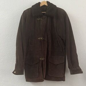Vintage Brown Silky Pig Suede Leather Coat Jacket Removable Collar Wool Lining